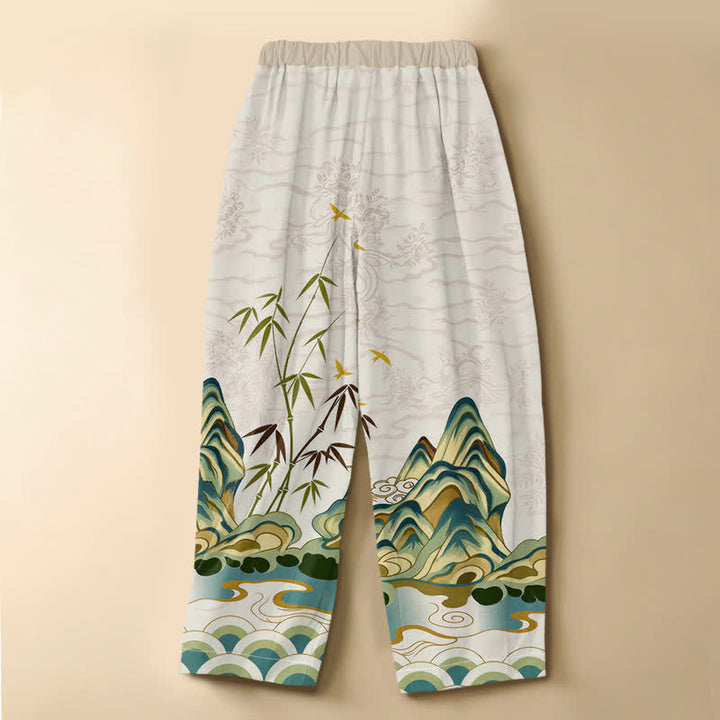 Buddha Stones Pure Cotton Vintage Mountain Bamboo Pattern Frog Button Women's Elastic Waist Harem Pants With Pockets - image 1