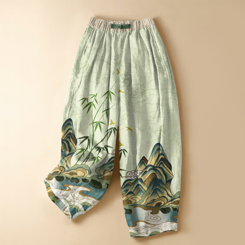 Buddha Stones Pure Cotton Vintage Mountain Bamboo Pattern Frog Button Women's Elastic Waist Harem Pants With Pockets - PaleGreen - US16，UK/AU20，EU48 (3XL) - image 5