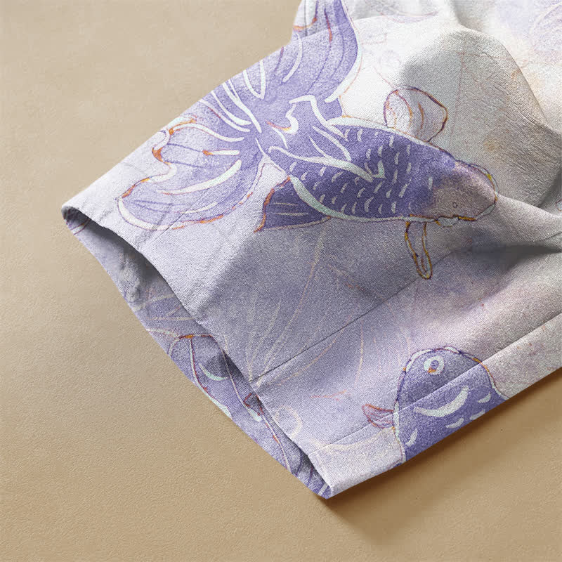 Buddha Stones Pure Cotton Watercolor Goldfish Pattern Frog Button Women's Elastic Waist Harem Pants With Pockets - image 3