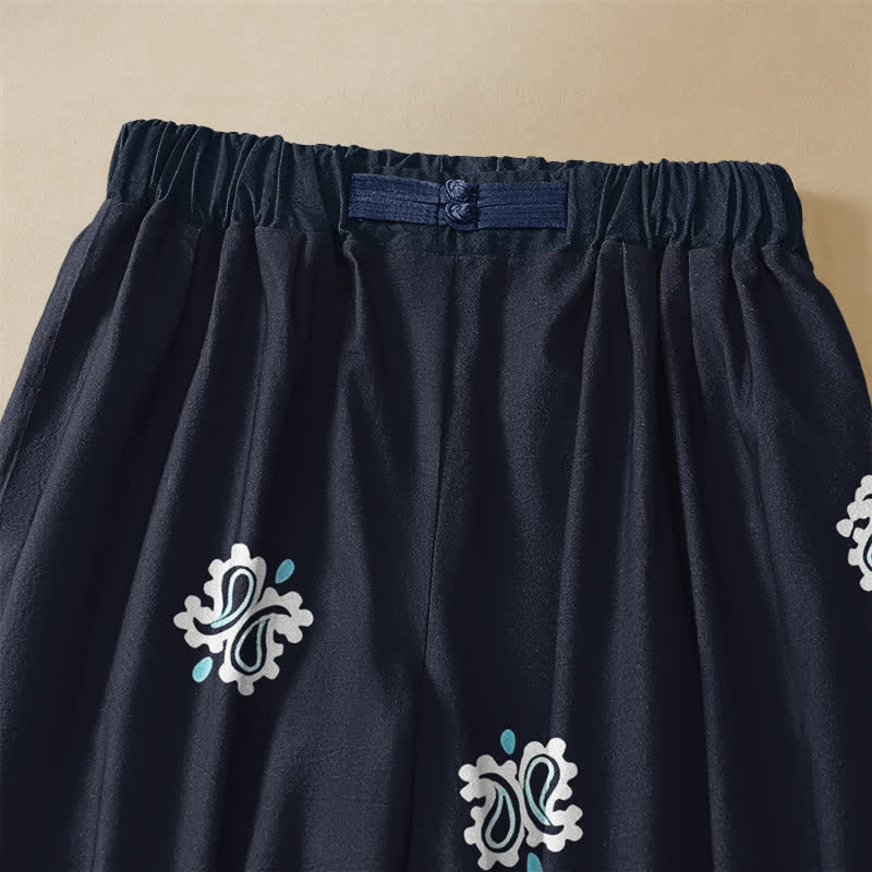 Buddha Stones Pure Cotton Bohemian Floral Paisley Pattern Frog Button Women's Elastic Waist Harem Pants With Pockets - image 2