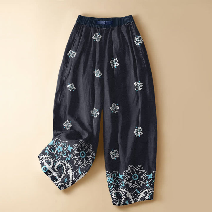 Buddha Stones Pure Cotton Bohemian Floral Paisley Pattern Frog Button Women's Elastic Waist Harem Pants With Pockets - MidnightBlue - US16，UK/AU20，EU48 (3XL) - image 0