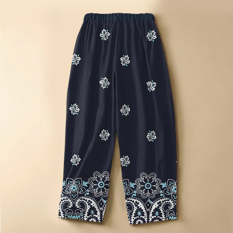 Buddha Stones Pure Cotton Bohemian Floral Paisley Pattern Frog Button Women's Elastic Waist Harem Pants With Pockets - image 1