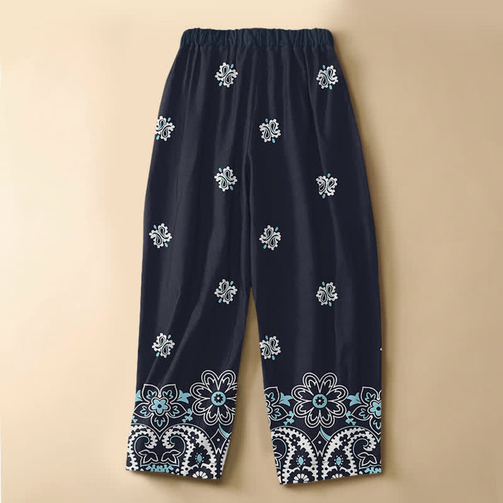 Buddha Stones Pure Cotton Bohemian Floral Paisley Pattern Frog Button Women's Elastic Waist Harem Pants With Pockets - image 1