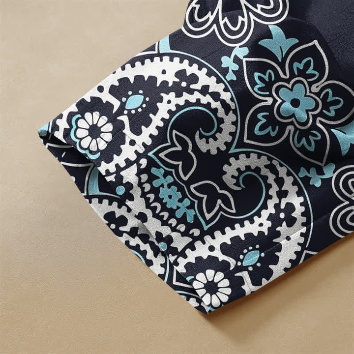 Buddha Stones Pure Cotton Bohemian Floral Paisley Pattern Frog Button Women's Elastic Waist Harem Pants With Pockets - image 3