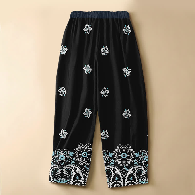 Buddha Stones Pure Cotton Bohemian Floral Paisley Pattern Frog Button Women's Elastic Waist Harem Pants With Pockets - image 6