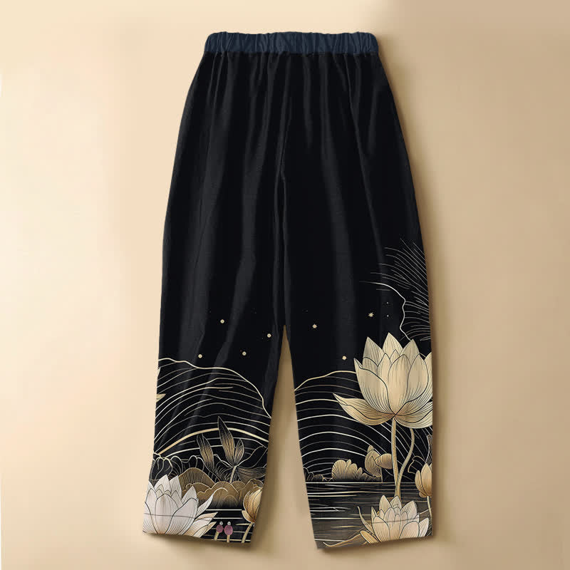 Buddha Stones Pure Cotton Golden Lotus Wave Pattern Frog Button Women's Elastic Waist Harem Pants With Pockets - image 1