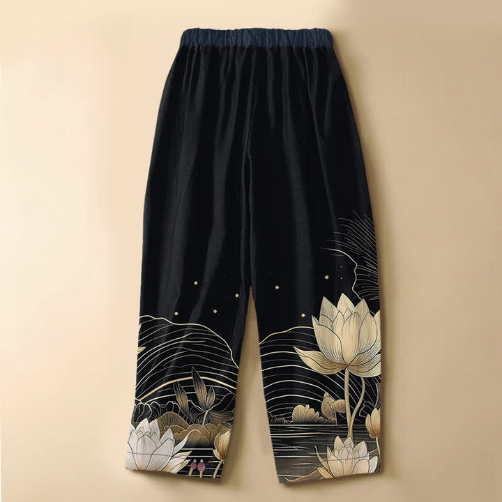 Buddha Stones Pure Cotton Golden Lotus Wave Pattern Frog Button Women's Elastic Waist Harem Pants With Pockets - image 1