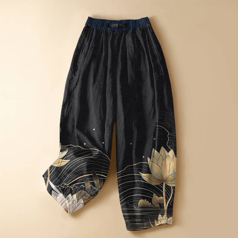 Buddha Stones Pure Cotton Golden Lotus Wave Pattern Frog Button Women's Elastic Waist Harem Pants With Pockets - Black - US16，UK/AU20，EU48 (3XL) - image 0