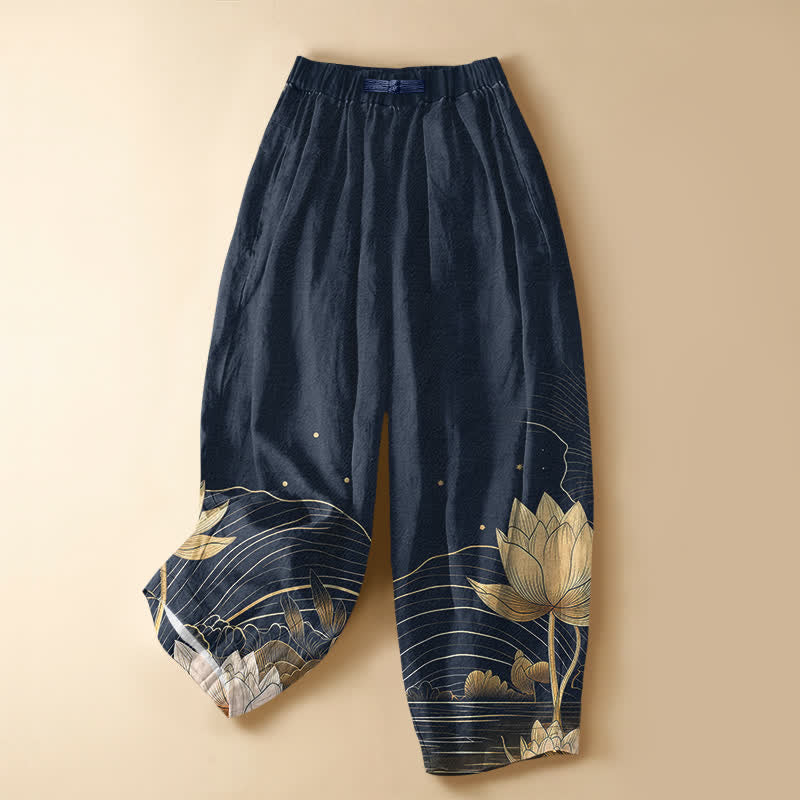 Buddha Stones Pure Cotton Golden Lotus Wave Pattern Frog Button Women's Elastic Waist Harem Pants With Pockets - Navy - US16，UK/AU20，EU48 (3XL) - image 5