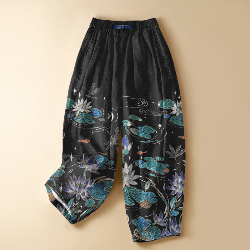 Buddha Stones Pure Cotton Lotus Koi Dragonfly Pattern Frog Button Women's Elastic Waist Harem Pants With Pockets - Black - US16，UK/AU20，EU48 (3XL) - image 0