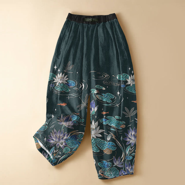 Buddha Stones Pure Cotton Lotus Koi Dragonfly Pattern Frog Button Women's Elastic Waist Harem Pants With Pockets - Teal - US16，UK/AU20，EU48 (3XL) - image 5