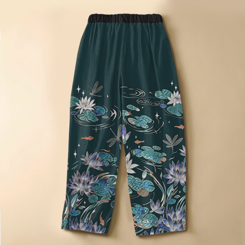 Buddha Stones Pure Cotton Lotus Koi Dragonfly Pattern Frog Button Women's Elastic Waist Harem Pants With Pockets - image 6