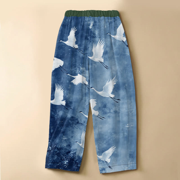 Buddha Stones Pure Cotton Flying White Crane Pattern Frog Button Women's Elastic Waist Harem Pants With Pockets - image 6