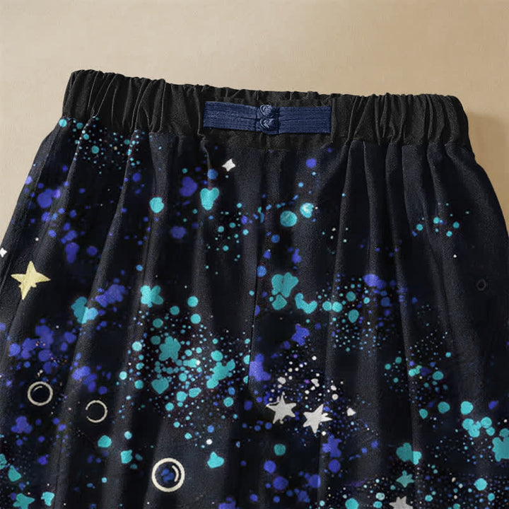 Buddha Stones Pure Cotton Starry Ocean Butterfly Koi Fish Pattern Frog Button Women's Elastic Waist Harem Pants With Pockets - image 2