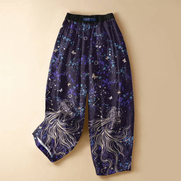 Buddha Stones Pure Cotton Starry Ocean Butterfly Koi Fish Pattern Frog Button Women's Elastic Waist Harem Pants With Pockets - Indigo - US16，UK/AU20，EU48 (3XL) - image 5