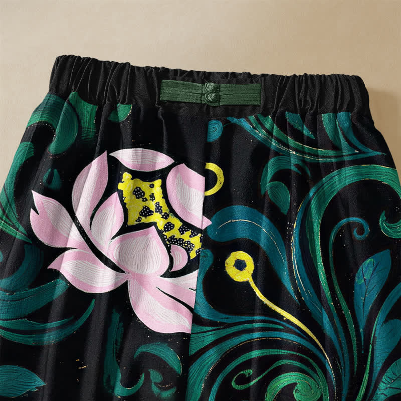 Buddha Stones Pure Cotton Vintage Lotus Vine Pattern Frog Button Women's Elastic Waist Harem Pants With Pockets - image 2