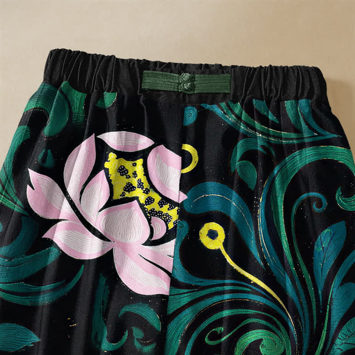 Buddha Stones Pure Cotton Vintage Lotus Vine Pattern Frog Button Women's Elastic Waist Harem Pants With Pockets - image 2
