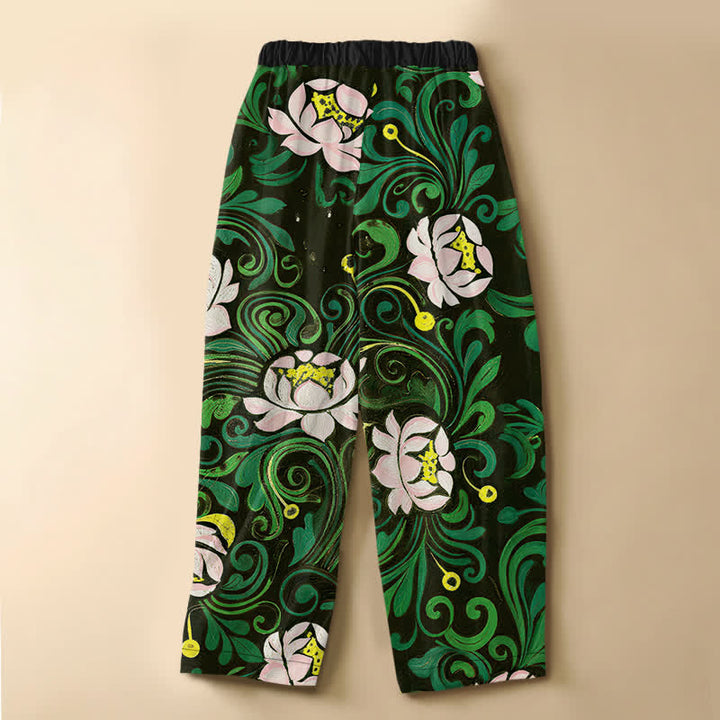 Buddha Stones Pure Cotton Vintage Lotus Vine Pattern Frog Button Women's Elastic Waist Harem Pants With Pockets - image 6