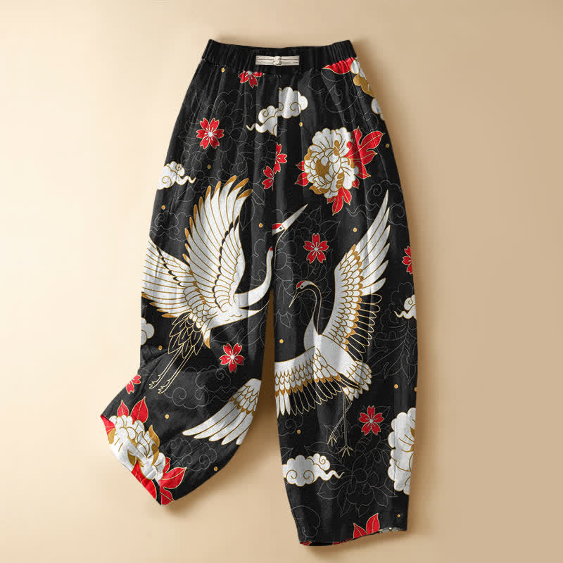 Buddha Stones Pure Cotton Vintage Crane Floral Pattern Frog Button Women's Elastic Waist Harem Pants With Pockets - Black - US16，UK/AU20，EU48 (3XL) - image 0