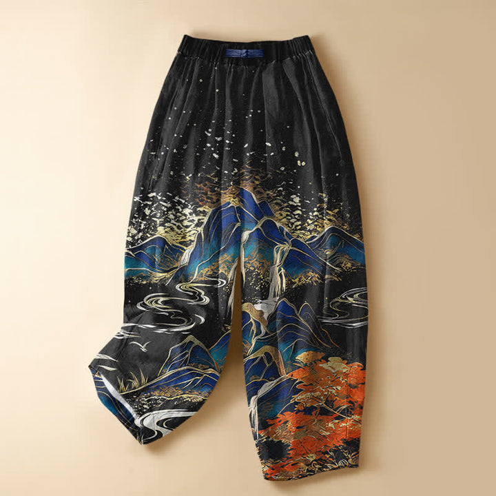 Buddha Stones Pure Cotton Oriental Mountain Landscape Pattern Frog Button Women's Elastic Waist Harem Pants With Pockets - Black - US16，UK/AU20，EU48 (3XL) - image 0
