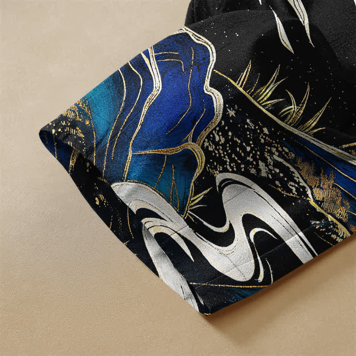 Buddha Stones Pure Cotton Oriental Mountain Landscape Pattern Frog Button Women's Elastic Waist Harem Pants With Pockets - image 3