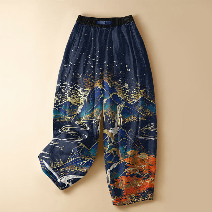Buddha Stones Pure Cotton Oriental Mountain Landscape Pattern Frog Button Women's Elastic Waist Harem Pants With Pockets - Navy - US16，UK/AU20，EU48 (3XL) - image 5