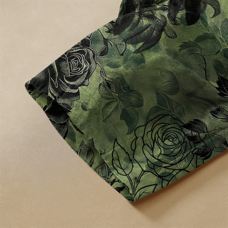 Buddha Stones Pure Cotton Vintage Rose Floral Pattern Frog Button Women's Elastic Waist Harem Pants With Pockets - image 3