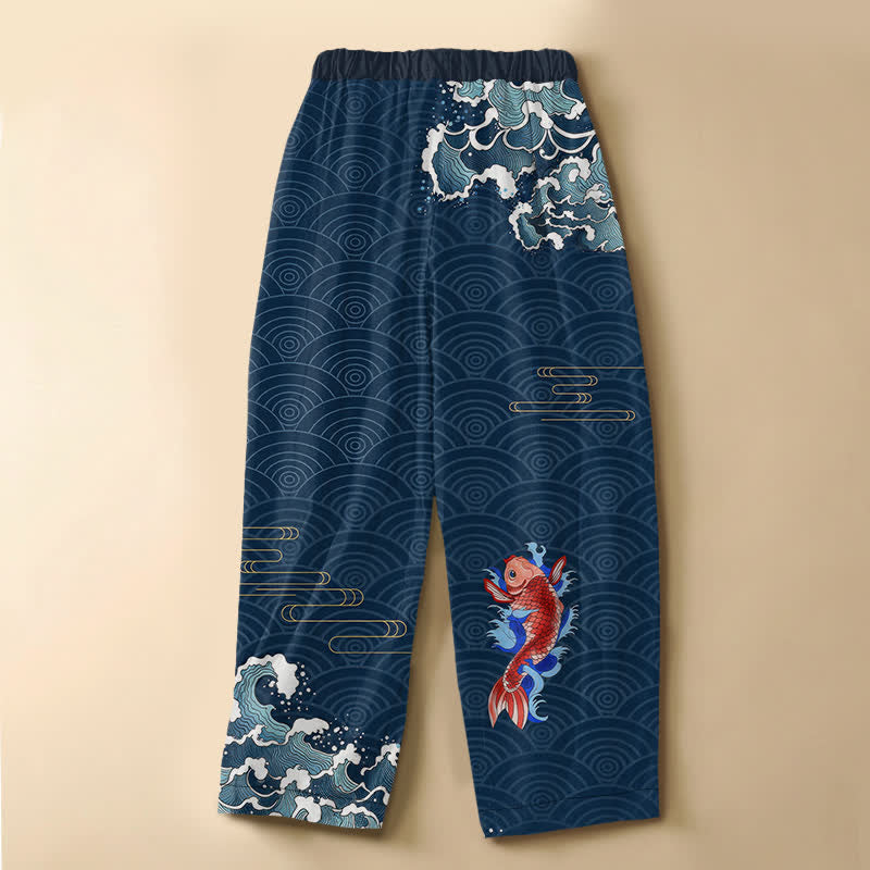 Buddha Stones Pure Cotton Japanese Koi Wave Pattern Frog Button Women's Elastic Waist Harem Pants With Pockets - image 1