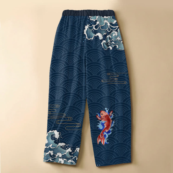 Buddha Stones Pure Cotton Japanese Koi Wave Pattern Frog Button Women's Elastic Waist Harem Pants With Pockets - image 1