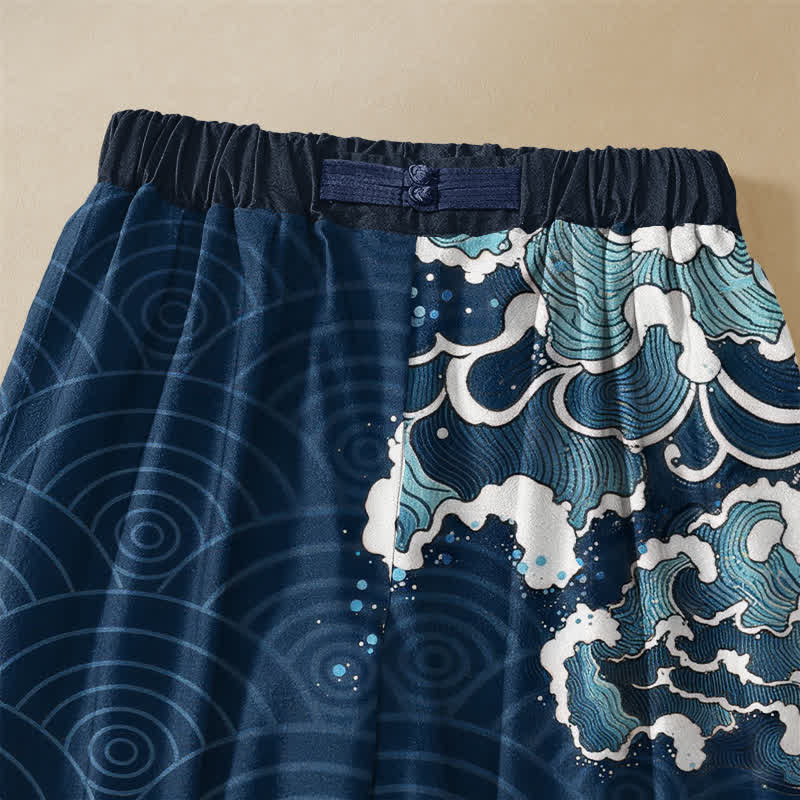 Buddha Stones Pure Cotton Japanese Koi Wave Pattern Frog Button Women's Elastic Waist Harem Pants With Pockets - image 2