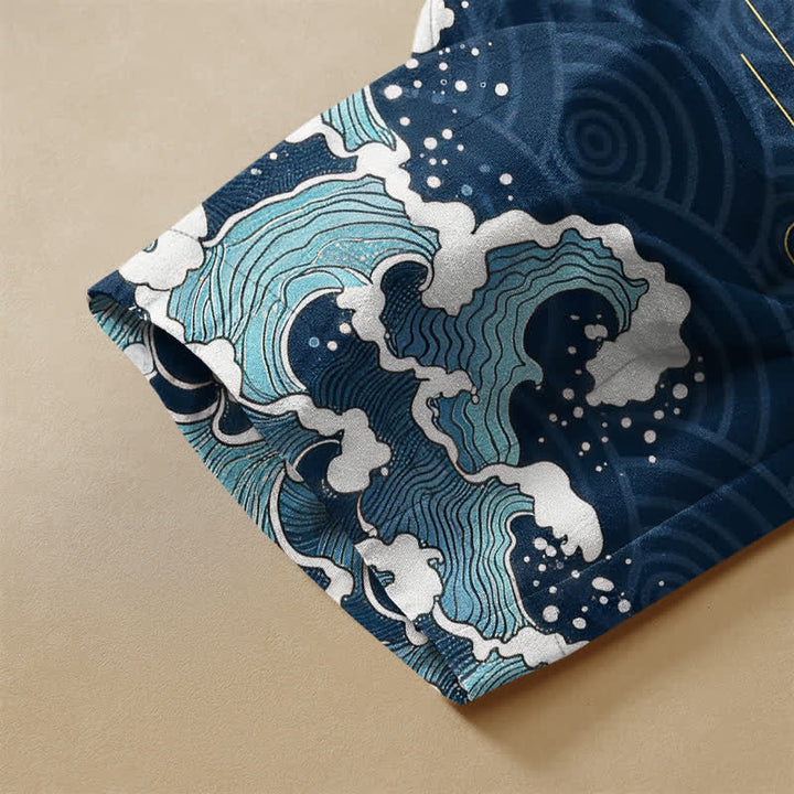 Buddha Stones Pure Cotton Japanese Koi Wave Pattern Frog Button Women's Elastic Waist Harem Pants With Pockets - image 3