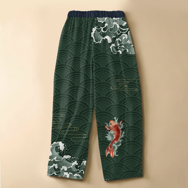 Buddha Stones Pure Cotton Japanese Koi Wave Pattern Frog Button Women's Elastic Waist Harem Pants With Pockets - image 6