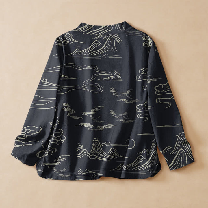 Buddha Stones Cotton Mountain Cloud Moon Print Hanfu Style Wrap V-Neck Lace-up Women's Long Sleeve Shirts - image 1