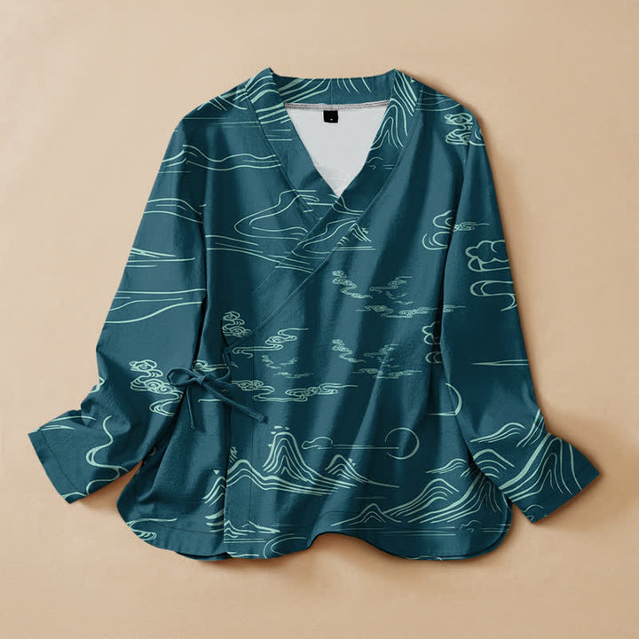 Buddha Stones Cotton Mountain Cloud Moon Print Hanfu Style Wrap V-Neck Lace-up Women's Long Sleeve Shirts - Teal - US16，UK/AU20，EU48 (3XL) - image 5