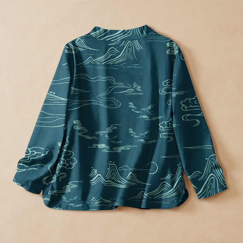 Buddha Stones Cotton Mountain Cloud Moon Print Hanfu Style Wrap V-Neck Lace-up Women's Long Sleeve Shirts - image 6