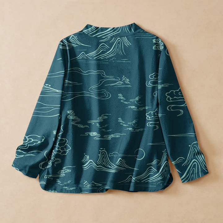 Buddha Stones Cotton Mountain Cloud Moon Print Hanfu Style Wrap V-Neck Lace-up Women's Long Sleeve Shirts - image 6