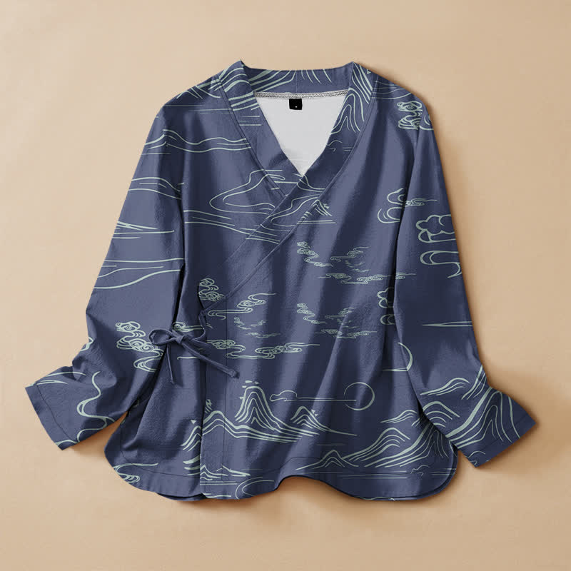 Buddha Stones Cotton Mountain Cloud Moon Print Hanfu Style Wrap V-Neck Lace-up Women's Long Sleeve Shirts - SteelBlue - US16，UK/AU20，EU48 (3XL) - image 7