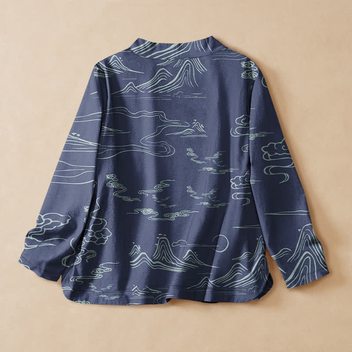 Buddha Stones Cotton Mountain Cloud Moon Print Hanfu Style Wrap V-Neck Lace-up Women's Long Sleeve Shirts - image 8
