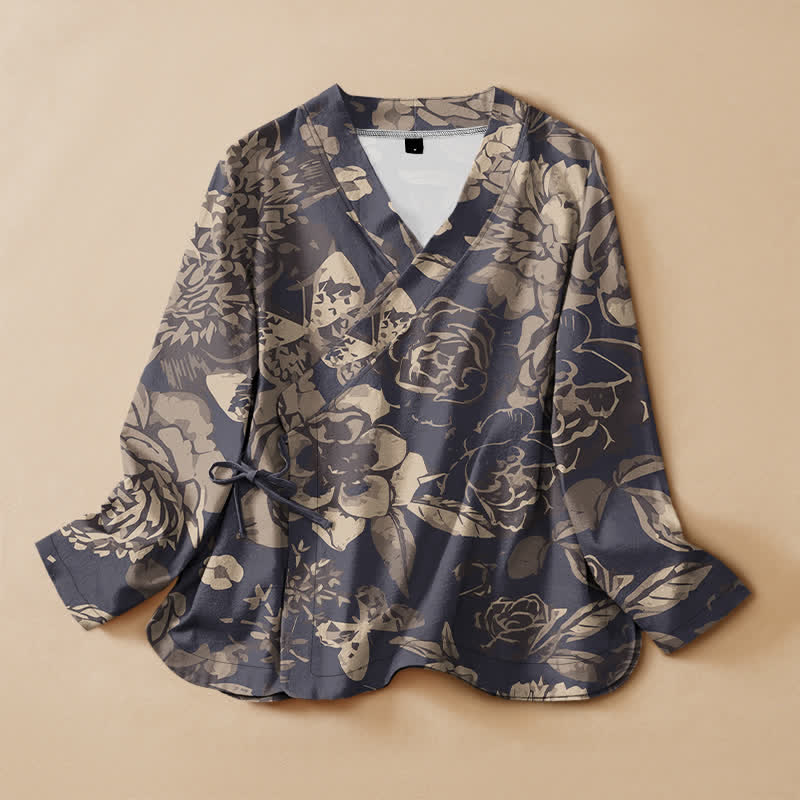 Buddha Stones Cotton Vintage Floral Print Hanfu Style Wrap V-Neck Lace-up Women's Long Sleeve Shirts - DarkSlateBlue - US16，UK/AU20，EU48 (3XL) - image 0