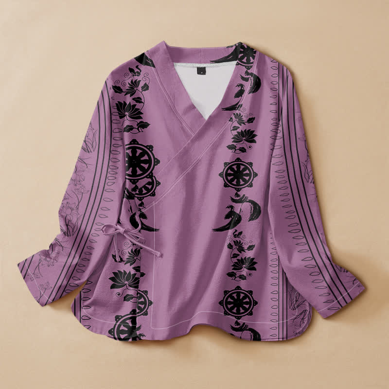 Buddha Stones Cotton Boho Floral Border Pattern Wrap V-Neck Lace-up Women's Long Sleeve Shirts Kimono - MediumOrchid - US16，UK/AU20，EU48 (3XL) - image 5