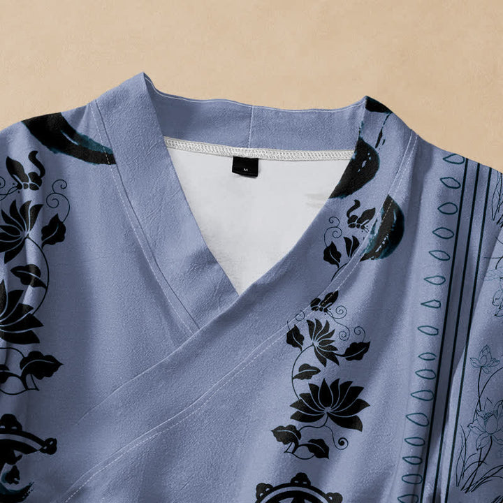 Buddha Stones Cotton Boho Floral Border Pattern Wrap V-Neck Lace-up Women's Long Sleeve Shirts Kimono - image 2
