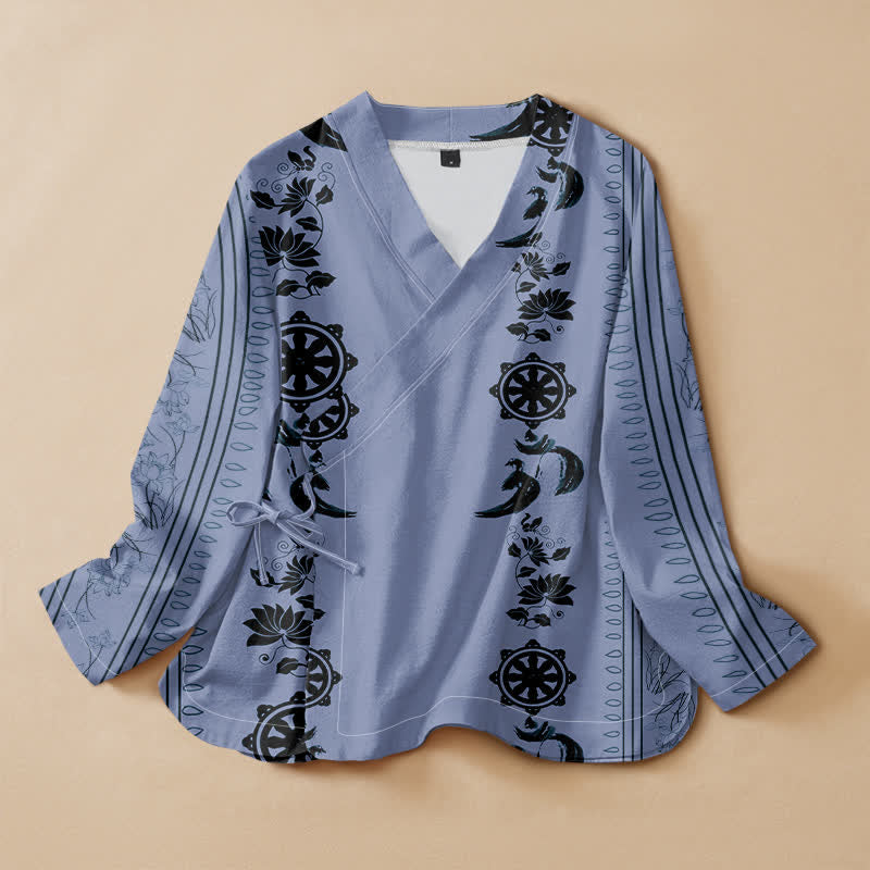Buddha Stones Cotton Boho Floral Border Pattern Wrap V-Neck Lace-up Women's Long Sleeve Shirts Kimono - LightSkyBlue - US16，UK/AU20，EU48 (3XL) - image 0