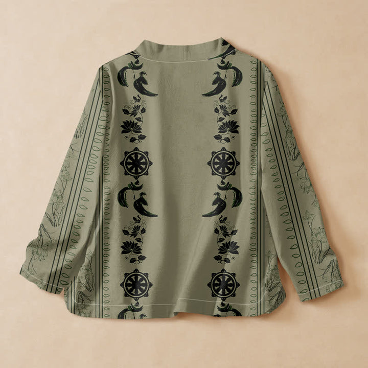 Buddha Stones Cotton Boho Floral Border Pattern Wrap V-Neck Lace-up Women's Long Sleeve Shirts Kimono - image 8