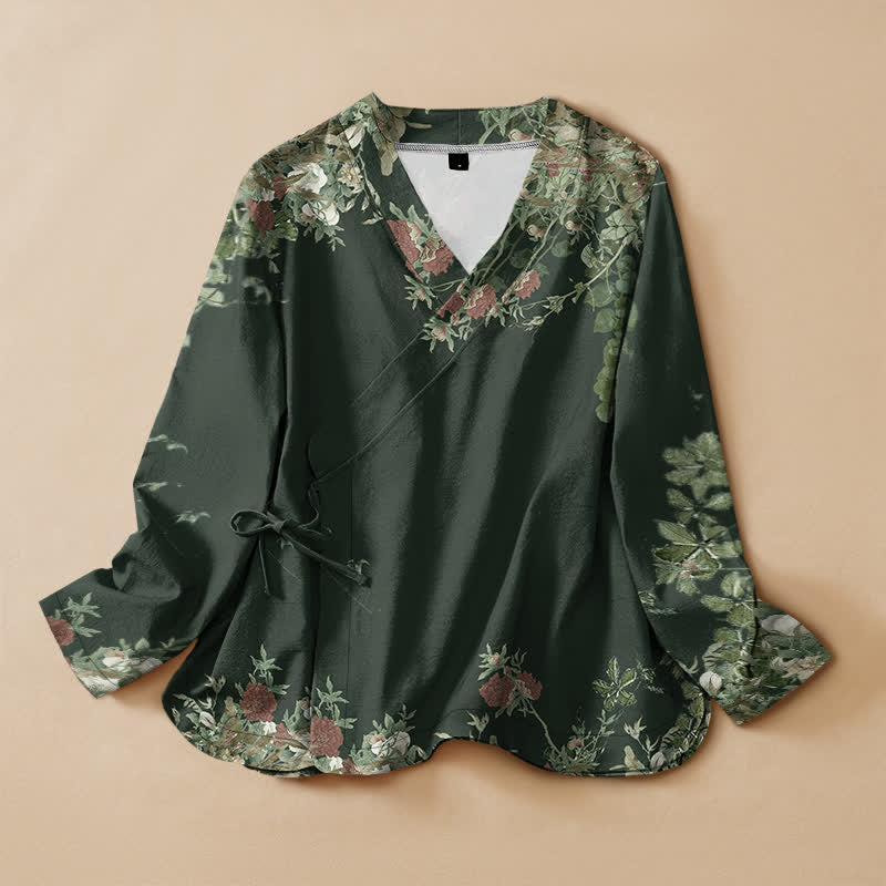 Buddha Stones Cotton Oriental Bloom Pattern Wrap V-Neck Lace-up Women's Long Sleeve Shirts Kimono - ForestGreen - US16，UK/AU20，EU48 (3XL) - image 5