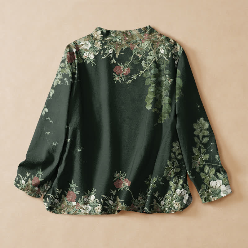 Buddha Stones Cotton Oriental Bloom Pattern Wrap V-Neck Lace-up Women's Long Sleeve Shirts Kimono - image 6