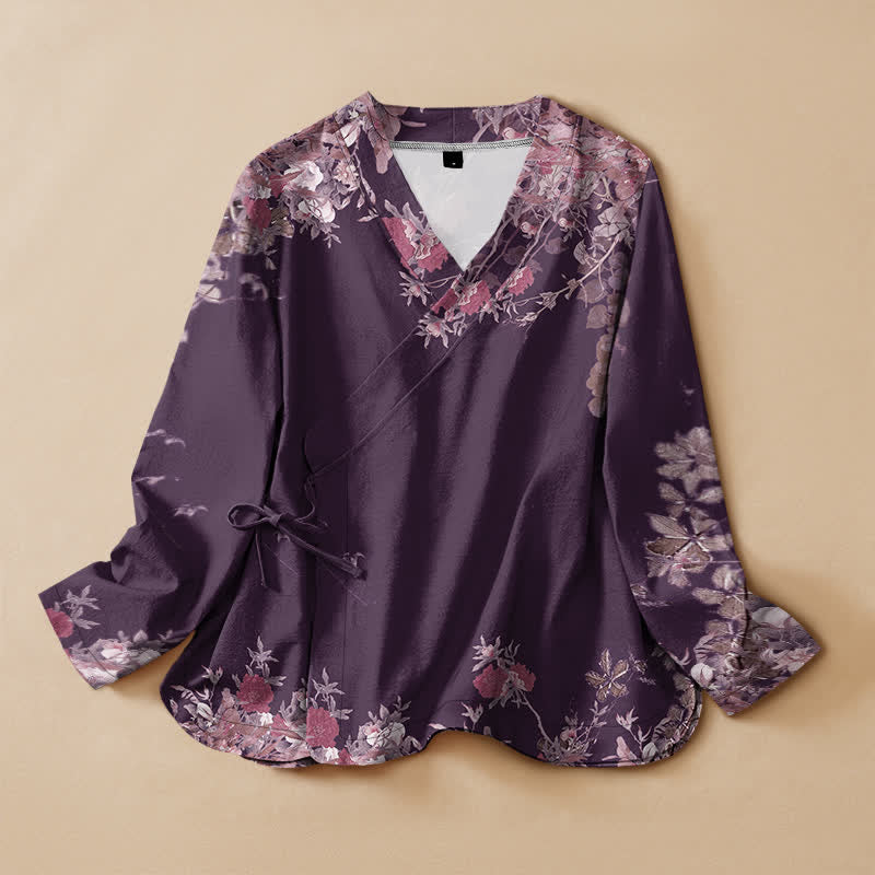 Buddha Stones Cotton Oriental Bloom Pattern Wrap V-Neck Lace-up Women's Long Sleeve Shirts Kimono - DarkMagenta - US16，UK/AU20，EU48 (3XL) - image 7