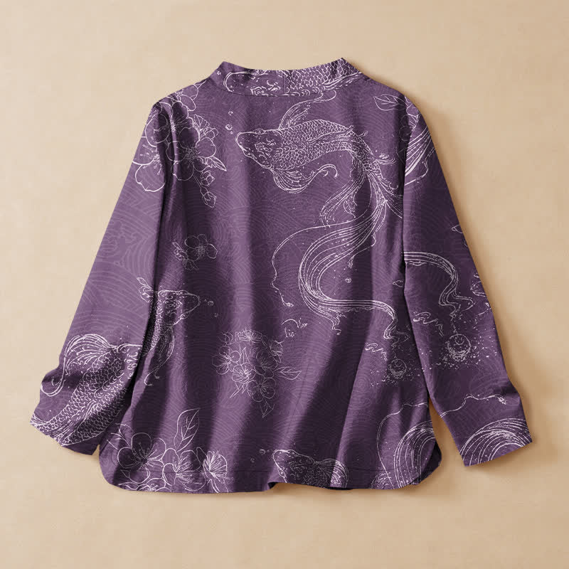 Buddha Stones Cotton Floral Koi Pattern Wrap V-Neck Lace-up Women's Long Sleeve Shirts Kimono - image 8