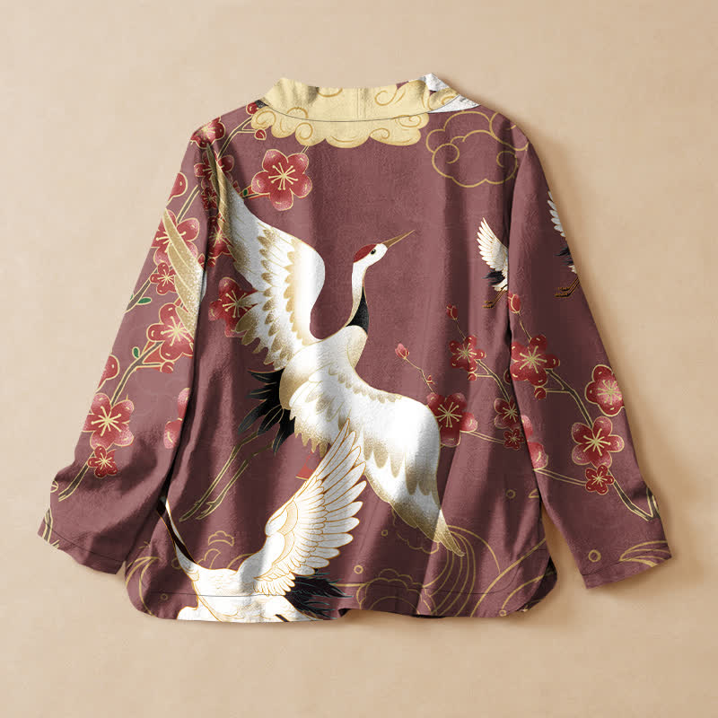Buddha Stones Cotton White Crane Floral Print Hanfu Style Wrap V-Neck Lace-up Women's Long Sleeve Shirts Kimono - image 6