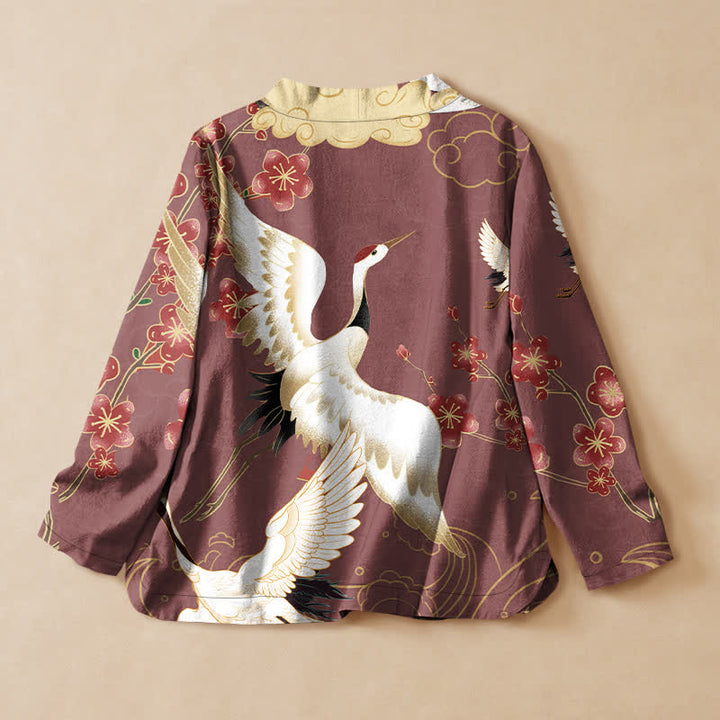 Buddha Stones Cotton White Crane Floral Print Hanfu Style Wrap V-Neck Lace-up Women's Long Sleeve Shirts Kimono - image 6