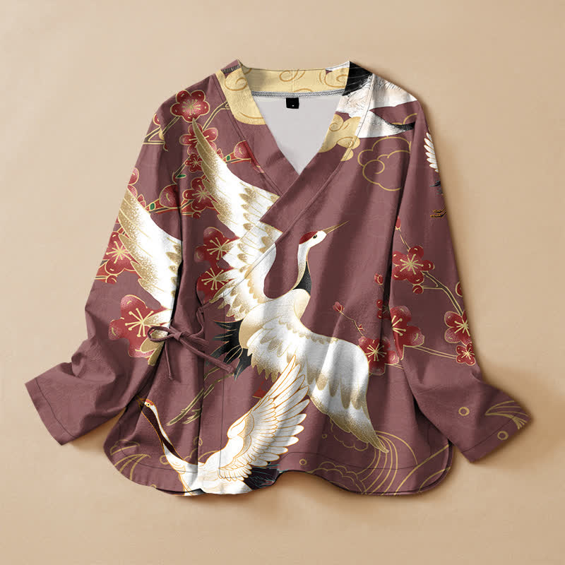 Buddha Stones Cotton White Crane Floral Print Hanfu Style Wrap V-Neck Lace-up Women's Long Sleeve Shirts Kimono - IndianRed - US16，UK/AU20，EU48 (3XL) - image 5